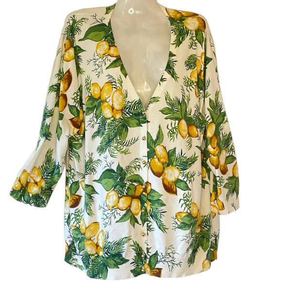 Talbots Lemon Print Cardigan Sweater with Brass Tone Buttons V-Neck Long Sleeve - Picture 2 of 7
